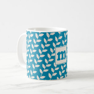 Aangepaste Blauwe 70s Retro Blad Patroon Monogram Koffiemok