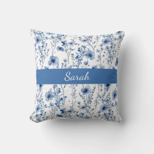 Aangepaste Blauwe Aquarel Wilde Bloem Florale Naam Kussen