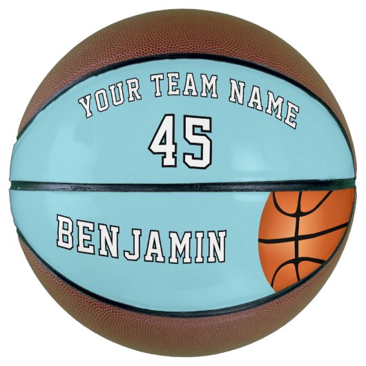 Aangepaste blauwe basketbal met teamnaam nummer (Voorkant)
