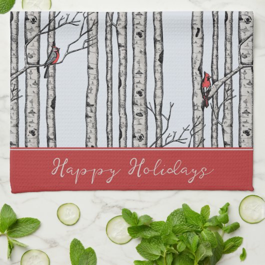 Aangepaste blauwe berkenbomen en rode kardinaalvog theedoek (Gevouwen)