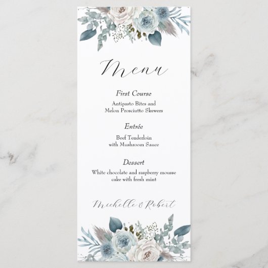 Aangepaste Blauwe Bloemen Bruiloft Menu (4 "x9") (Voorkant)