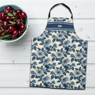 Aangepaste Blauwe Bloemen Gouden Glitter Japanse U Schort