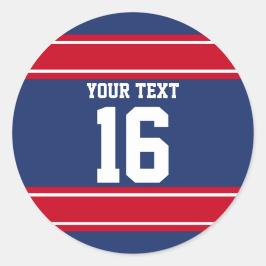 Aangepaste Blauwe en Rode Sportstripes Ronde Sticker (Voorkant)