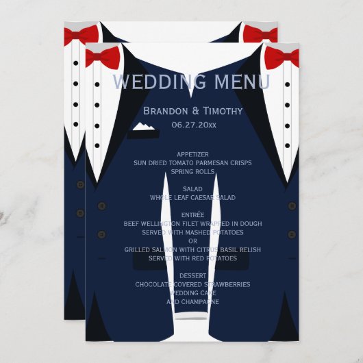 Aangepaste blauwe en witte gay trouwmenu kaart (Voorkant / Achterkant)