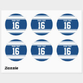 Aangepaste Blauwe en Witte Sportstripes Ronde Sticker (Vel)