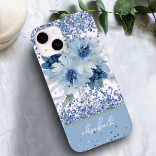 Aangepaste blauwe Floral Glitter Persoonlijke naam Case-Mate iPhone 14 Hoesje