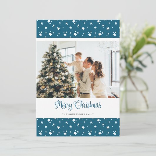 Aangepaste blauwe foto-kerstkaarten feestdagenkaart (Staand voorkant)