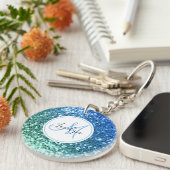Aangepaste blauwe glitter Mermaid Monogramme Name Sleutelhanger (Voorkant Rechts)