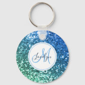 Aangepaste blauwe glitter Mermaid Monogramme Name Sleutelhanger (Voorkant)