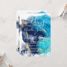 Aangepaste Blauwe Gouden Alcohol Inkt Trouwkaart