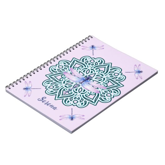 Aangepaste blauwe Paarse dragonfly Mandala roze Notitieboek (Linkerzijde)