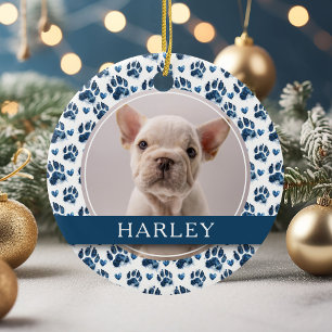 Aangepaste Blauwe Pet Paw Print 2 Foto Keramisch Ornament