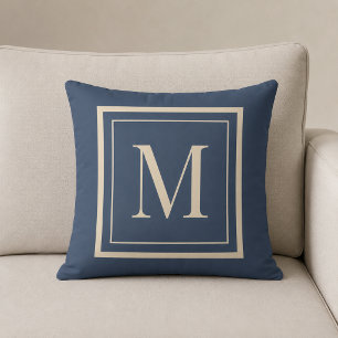Aangepaste Blauwe & Vanille Omlijste Monogram Worp Kussen