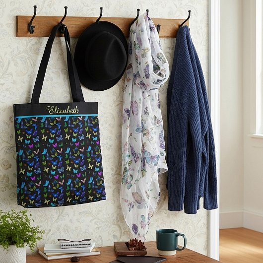 Aangepaste blauwe vlinders op zwarte Canvas tas