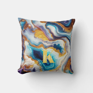 Aangepaste Blauwgroen Aqua Golden Agate Monogram Kussen