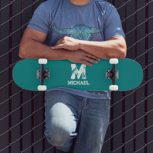 Aangepaste Blauwgroen Blauw Groen Sjabloon Monogra Skateboard (Buiten 3)