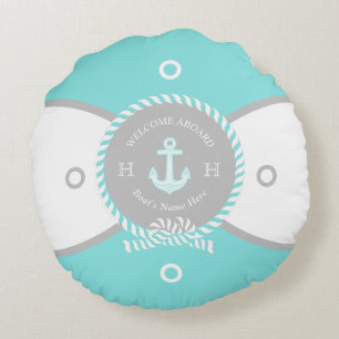 Aangepaste Blauwgroen Blauw Wit Anker Life Ring Na Rond Kussen