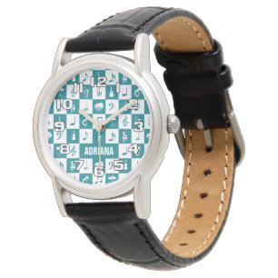 Aangepaste blauwgroen en witte muzieknoten en inst horloge
