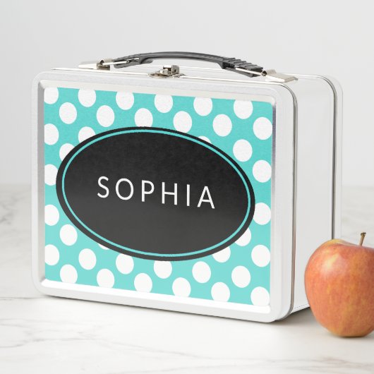 Aangepaste Blauwgroen en witte poka Dot Lunchbox (In situ)