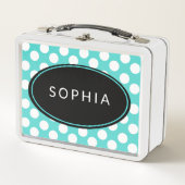 Aangepaste Blauwgroen en witte poka Dot Lunchbox (Voorkant)