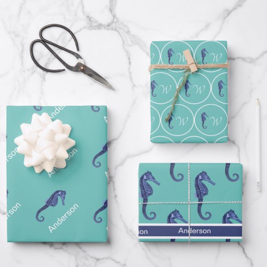Aangepaste blauwgroen monogrammen van het zeepaard inpakpapier vel (Voorkant)