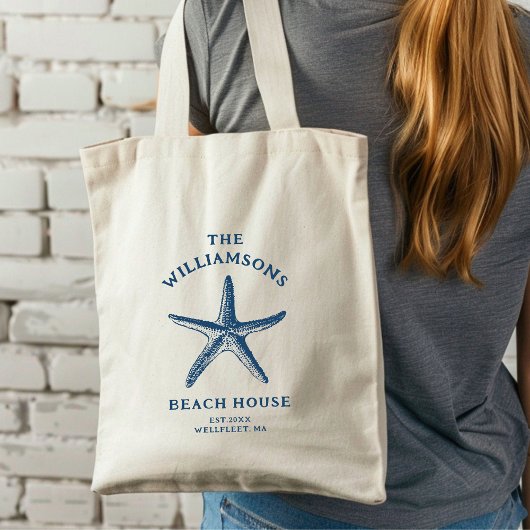 Aangepaste Blue Coastal Starfish Beach House Tote Bag