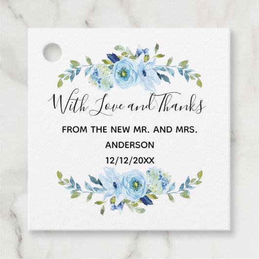 Aangepaste Blue Floral Wedding Bedankjes Labels (Voorkant)