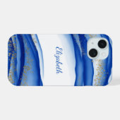 Aangepaste Blue Gold White Ink Swirl Waterverf iPhone 15 Hoesje (Achterkant horizontaal)