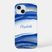 Aangepaste Blue Gold White Ink Swirl Waterverf iPhone 15 Hoesje (Achterkant)