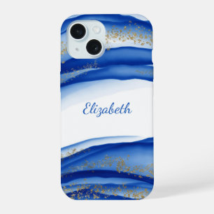 Aangepaste Blue Gold White Ink Swirl Waterverf iPhone 15 Hoesje