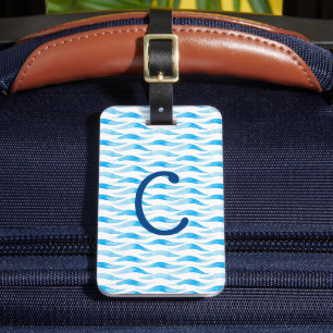 Aangepaste Blue Waterverf Wave Initiaal Bagagelabel