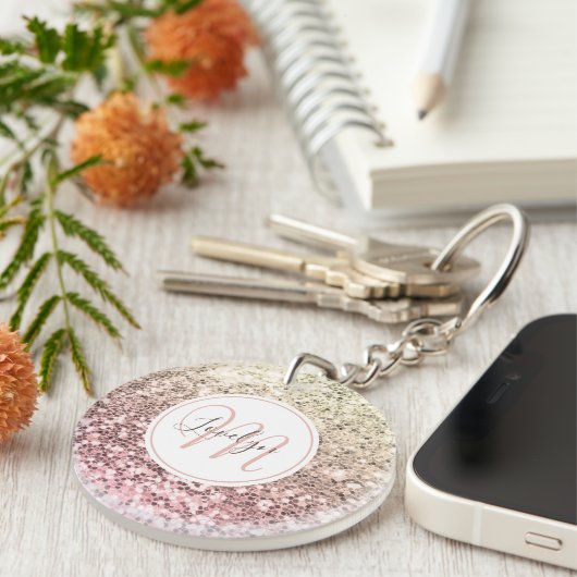 Aangepaste Blush roze glitter Unicorn Monogramnaam Sleutelhanger (Voorkant Rechts)