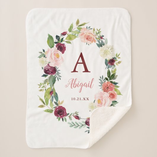 Aangepaste Boho Bloemenkrans Bourgogne Sherpa Deke Deken (Voorkant)