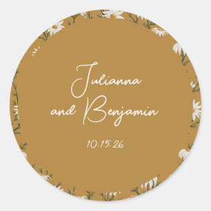 Aangepaste Boho Bloemige Gele Script Namen Trouw C Ronde Sticker