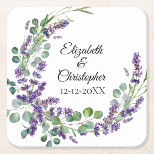 Aangepaste Boho Lavendel Eucalyptus Bruiloft Vierkante Kartonnen Onderzetter