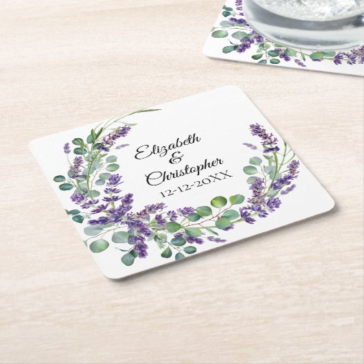 Aangepaste Boho Lavender Eucalyptus Weddenschap Vierkante Kartonnen Onderzetter (Schuin)