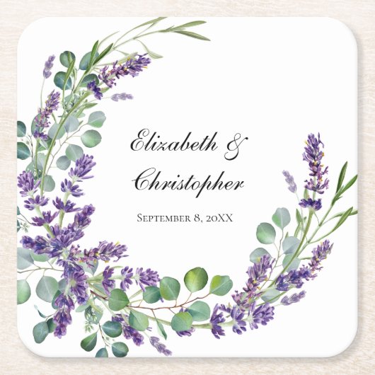 Aangepaste Boho Lavender Eucalyptus Weddenschap Vierkante Kartonnen Onderzetter (Voorkant)