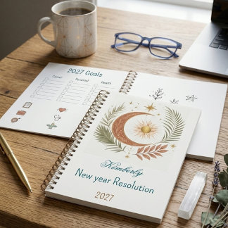 Aangepaste Boho Zon Maan Nieuwjaarsresolutie 2027 Notitieboek