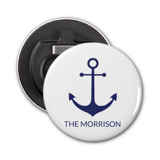 Aangepaste bootnaam nautisch anker marineblauw wit button flesopener (Voorkant)