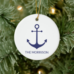 Aangepaste bootnaam nautisch anker marineblauw wit keramisch ornament