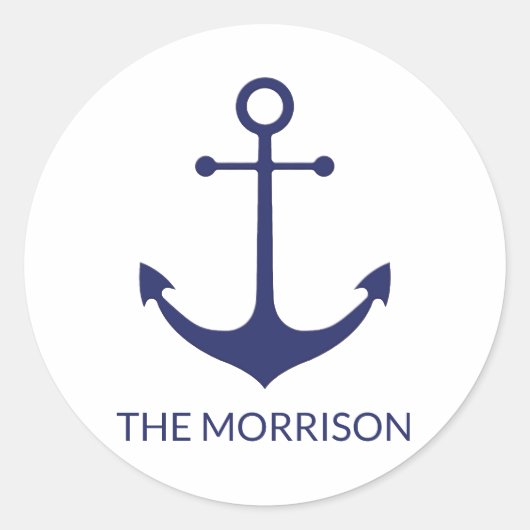 Aangepaste bootnaam nautisch anker marineblauw wit ronde sticker (Voorkant)