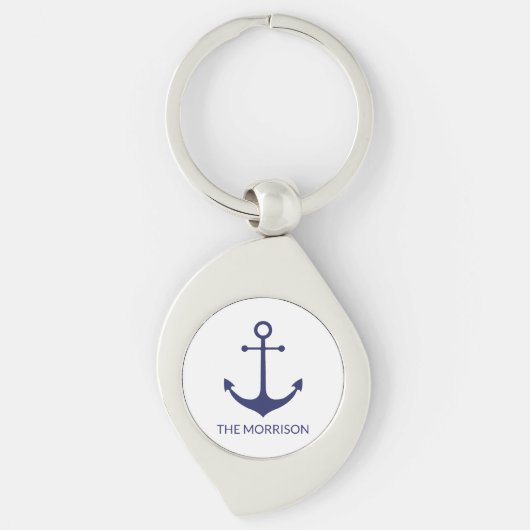 Aangepaste bootnaam nautisch anker marineblauw wit sleutelhanger (Voorkant)