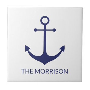 Aangepaste bootnaam nautisch anker marineblauw wit tegeltje