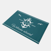 Aangepaste bootnaam Scheepswielanker Nautical Blau Deurmat (Schuin)