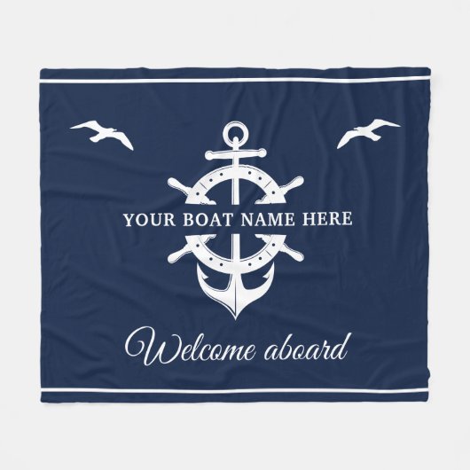Aangepaste bootnaam Scheepswielanker Nautical Blue Fleece Deken (Voorkant (Horizontaal))