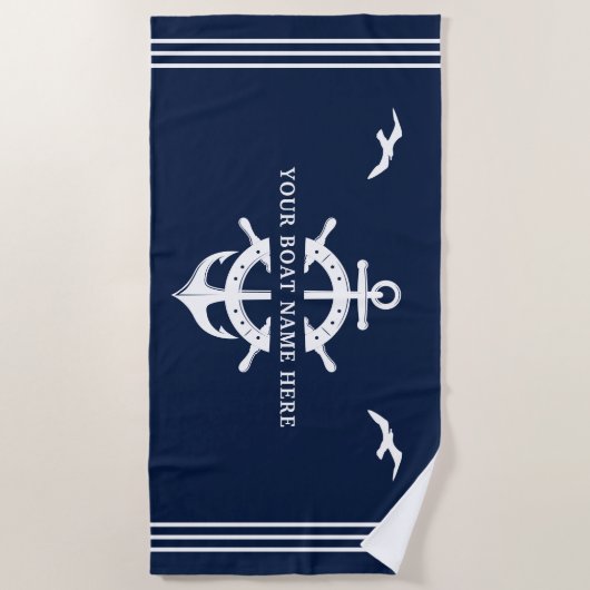 Aangepaste bootnaam Scheepswielanker Nautical Blue Strandlaken (Voorkant)