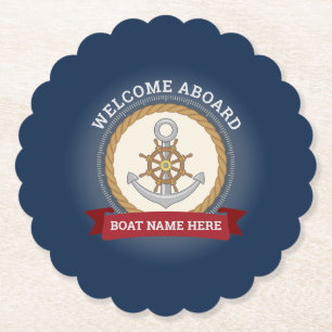 Aangepaste bootnaam welkom aan boord van anker en kartonnen onderzetters