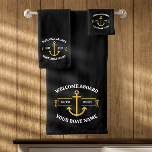 Aangepaste bootnaam Welkom aan boord Zwart & Goud Bad Handdoek