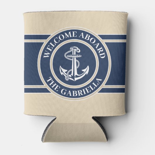 Aangepaste bootnaam: wit anker op zand taupe beige blikjeskoeler (Voorkant)