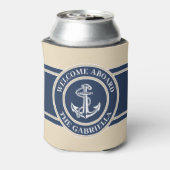 Aangepaste bootnaam: wit anker op zand taupe beige blikjeskoeler (Blikje Achterkant)